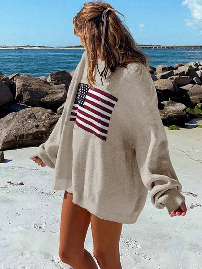 NEW Essnce Usa Flag Design Drop Shoulder Sweater