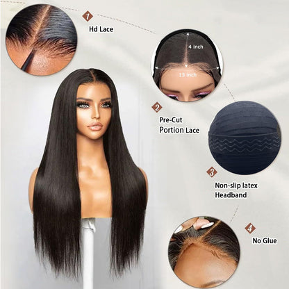 Put on and Go Glueless Wig Human Hair Pre Plucked Pre Cut 13x4 Hd Transparent Straight Lace Front Wigs Human Hair 200% Density Natural Color 100% Human Hair