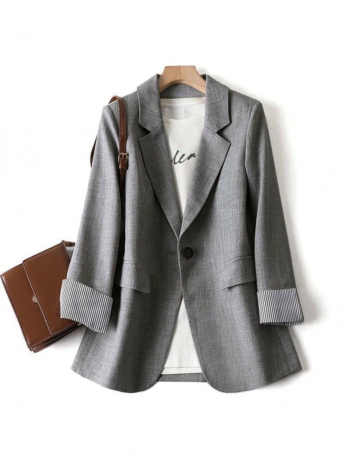 NEW LUNE Grey Striped Patchwork Long Sleeve Lapel Women's Blazer