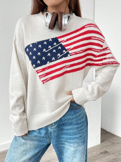 NEW Essnce Usa Flag Design Drop Shoulder Sweater