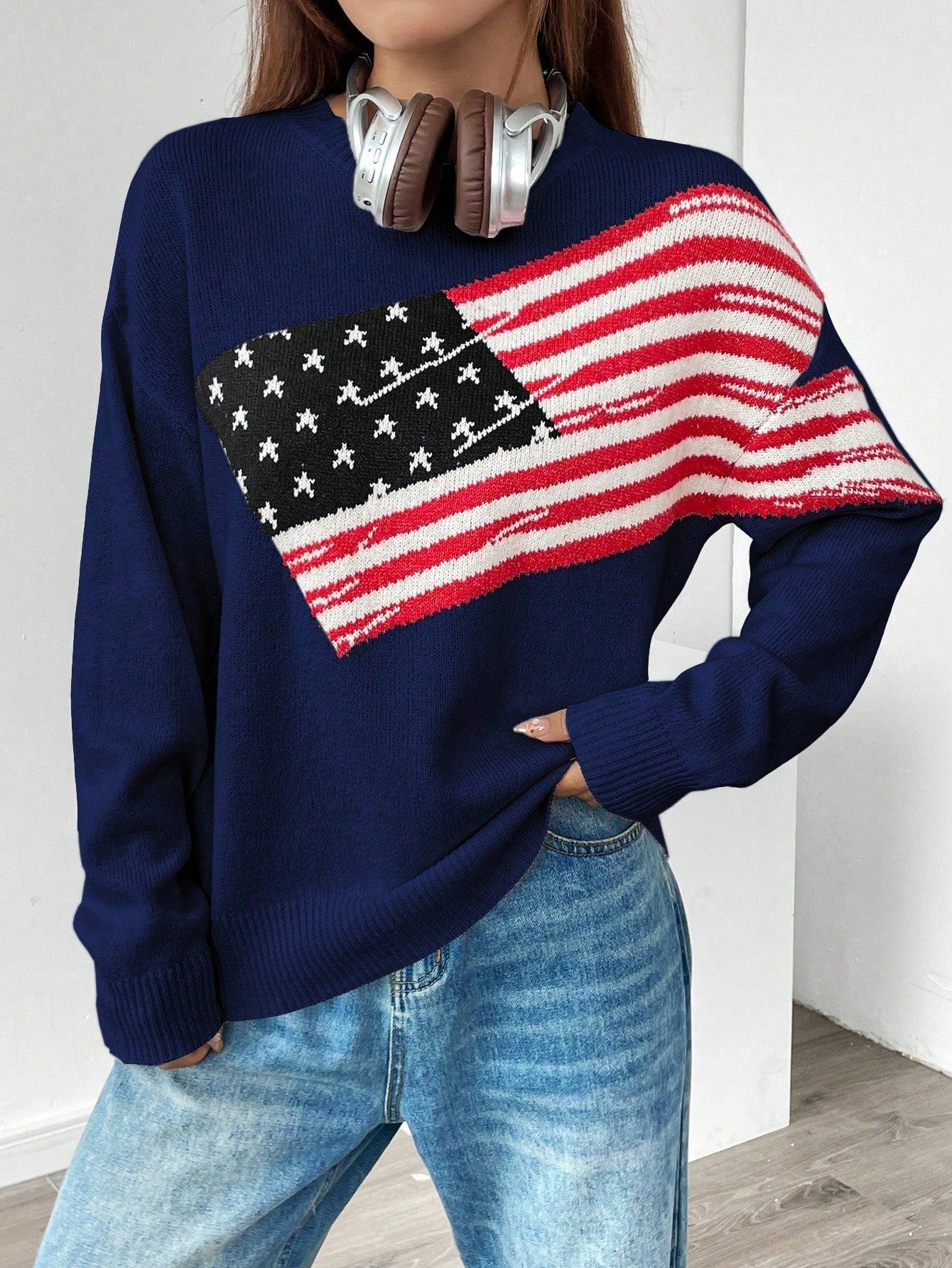 NEW Essnce Usa Flag Design Drop Shoulder Sweater