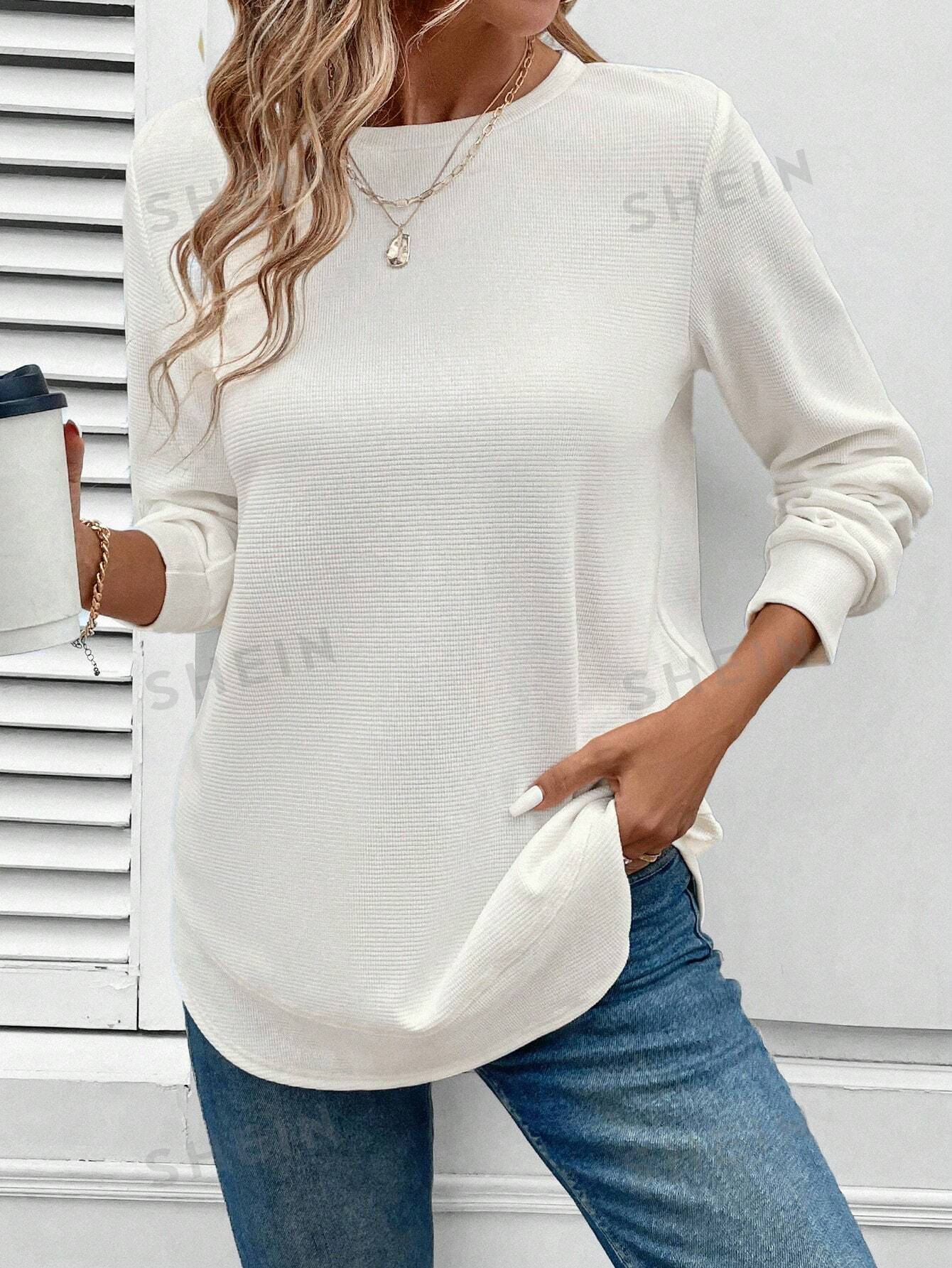 NEW LUNE Women's Basic Style Asymmetrical Hem Waffle Texture Casual Comfortable Sweatshirt