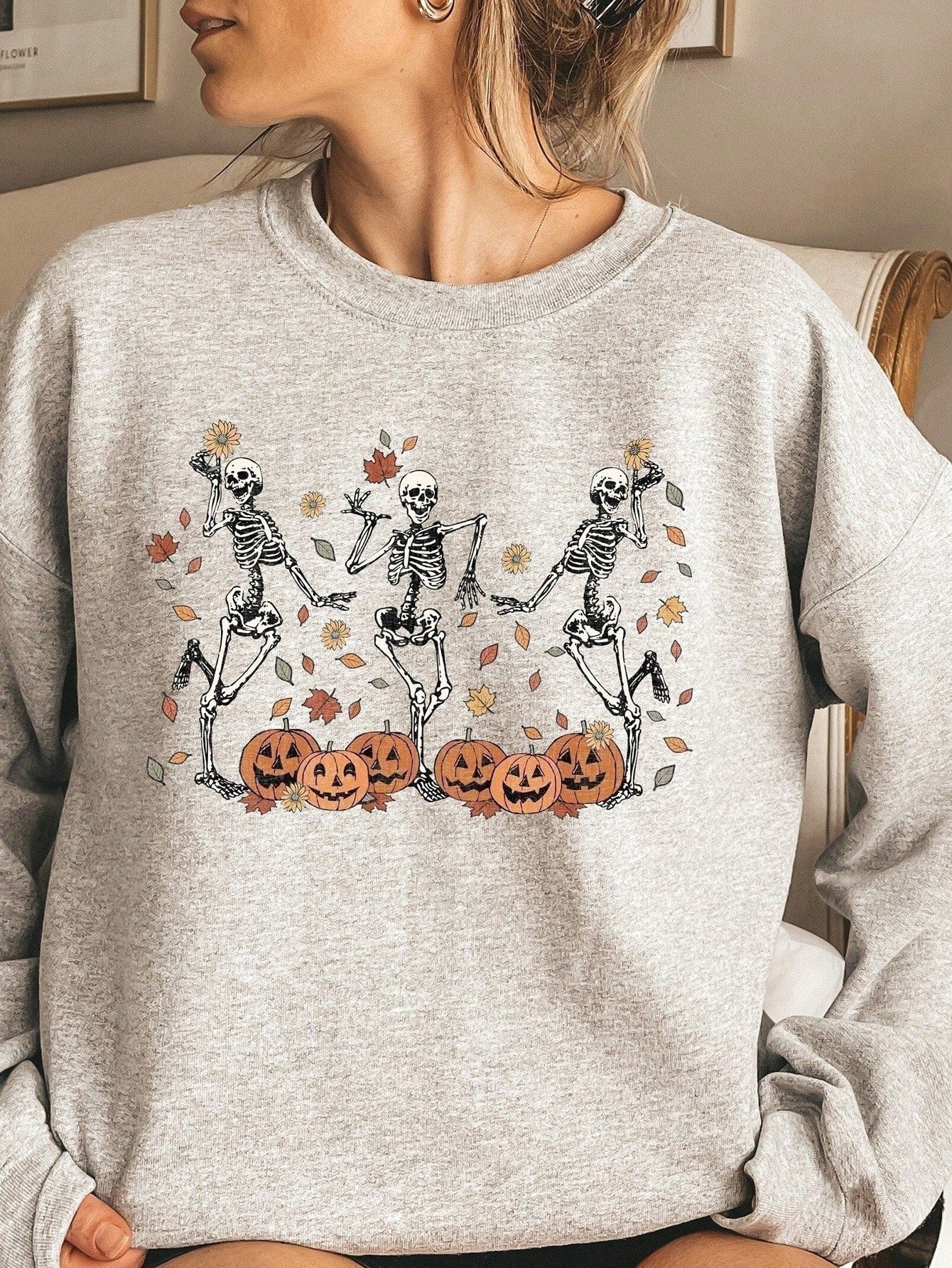 NEW EZwear Women's Spring And Autumn Pumpkin Skull Print Round Neck Drop Shoulder Long Sleeve Casual Loose Sweatshirt