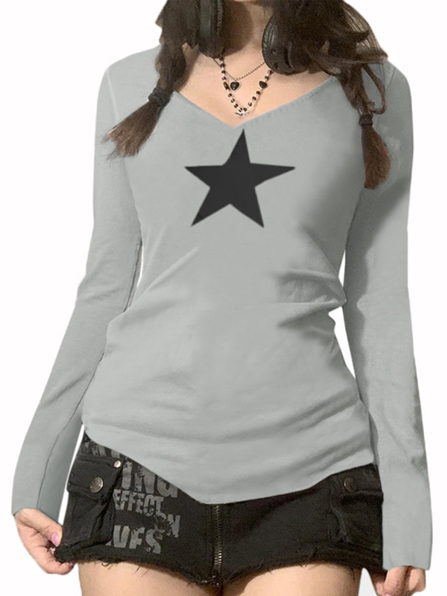 Women's Long Sleeve Casual T-Shirt Y2K Tops Crew Neck Star Printed Fashion Fall Basic Shirts