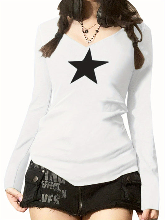 Women's Long Sleeve Casual T-Shirt Y2K Tops Crew Neck Star Printed Fashion Fall Basic Shirts