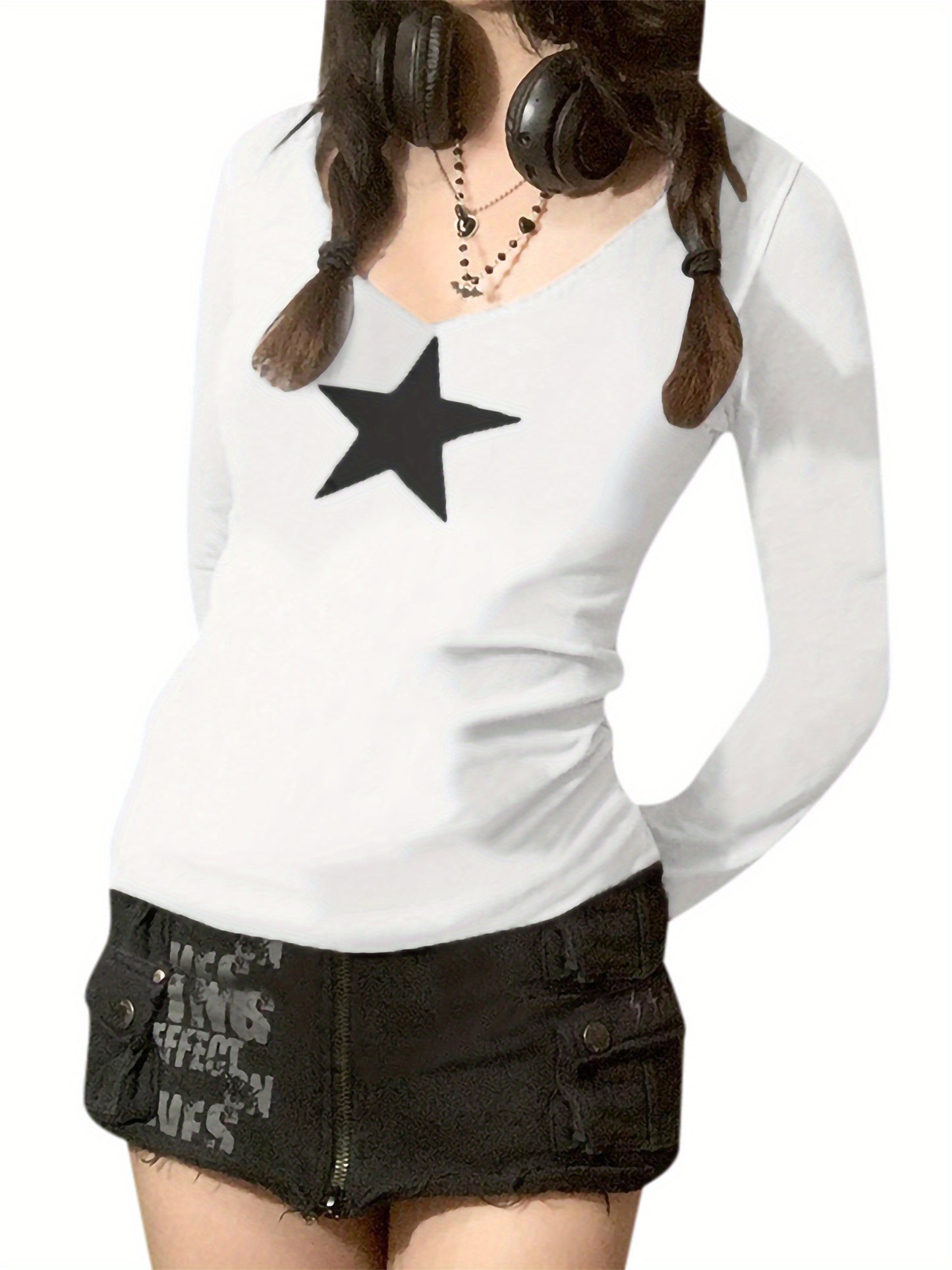 Women's Long Sleeve Casual T-Shirt Y2K Tops Crew Neck Star Printed Fashion Fall Basic Shirts