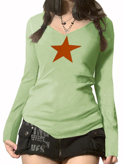 Women's Long Sleeve Casual T-Shirt Y2K Tops Crew Neck Star Printed Fashion Fall Basic Shirts