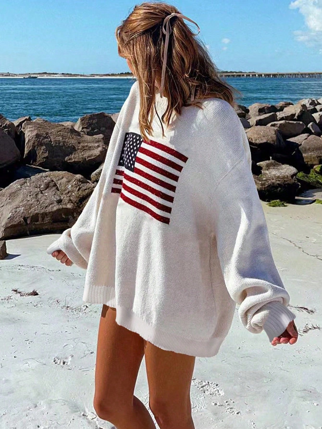 NEW Essnce Usa Flag Design Drop Shoulder Sweater