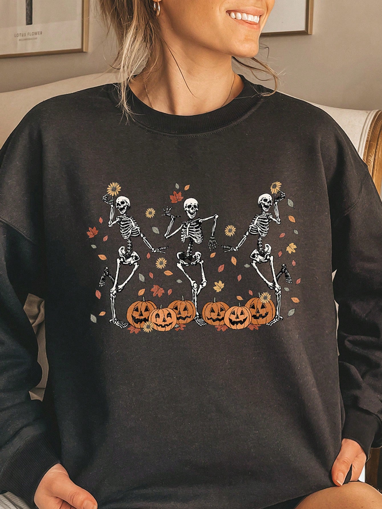 NEW EZwear Women's Spring And Autumn Pumpkin Skull Print Round Neck Drop Shoulder Long Sleeve Casual Loose Sweatshirt