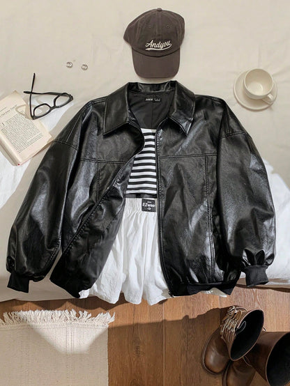 NEW EZwear Drop Shoulder Zip Up PU Cropped Leather Jacket