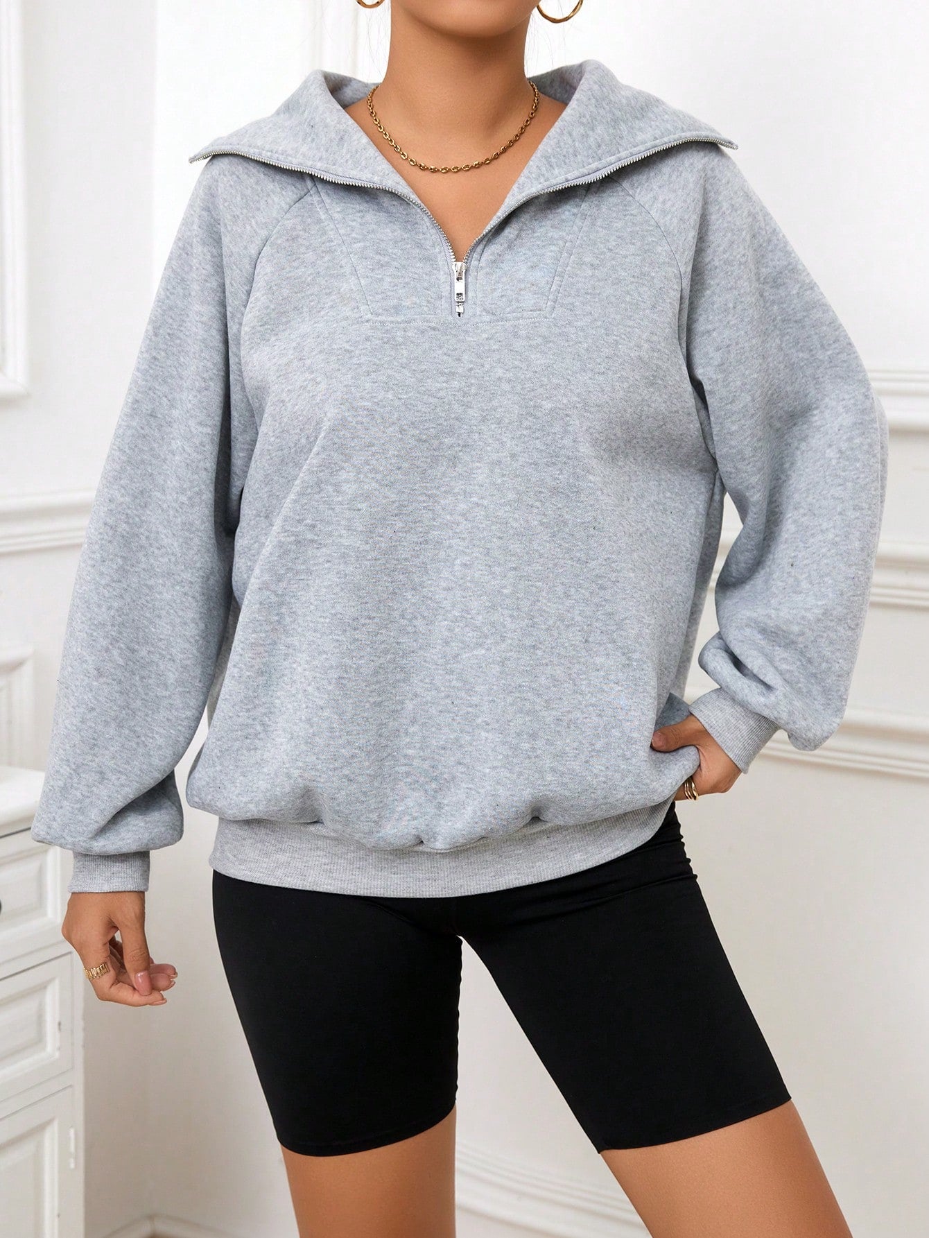 NEW LUNE Women's Solid Color Half-zipper Drop Shoulder Sweatshirt With Zipper