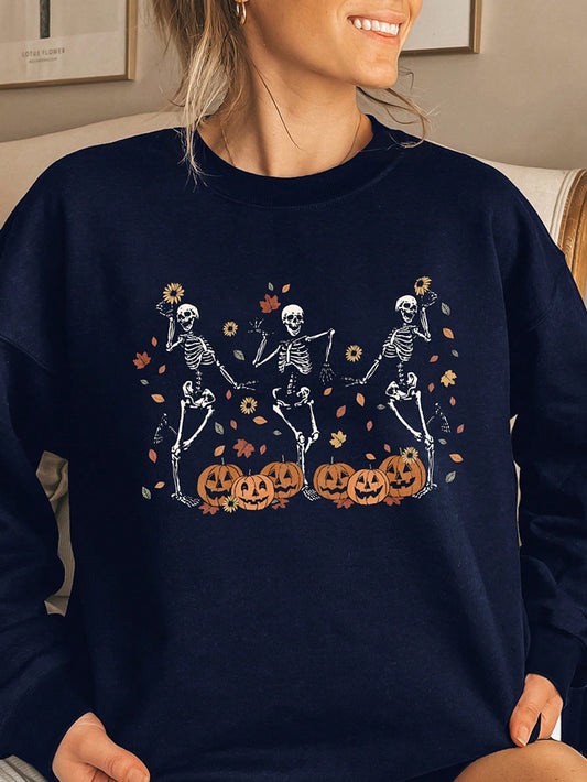 NEW EZwear Women's Spring And Autumn Pumpkin Skull Print Round Neck Drop Shoulder Long Sleeve Casual Loose Sweatshirt