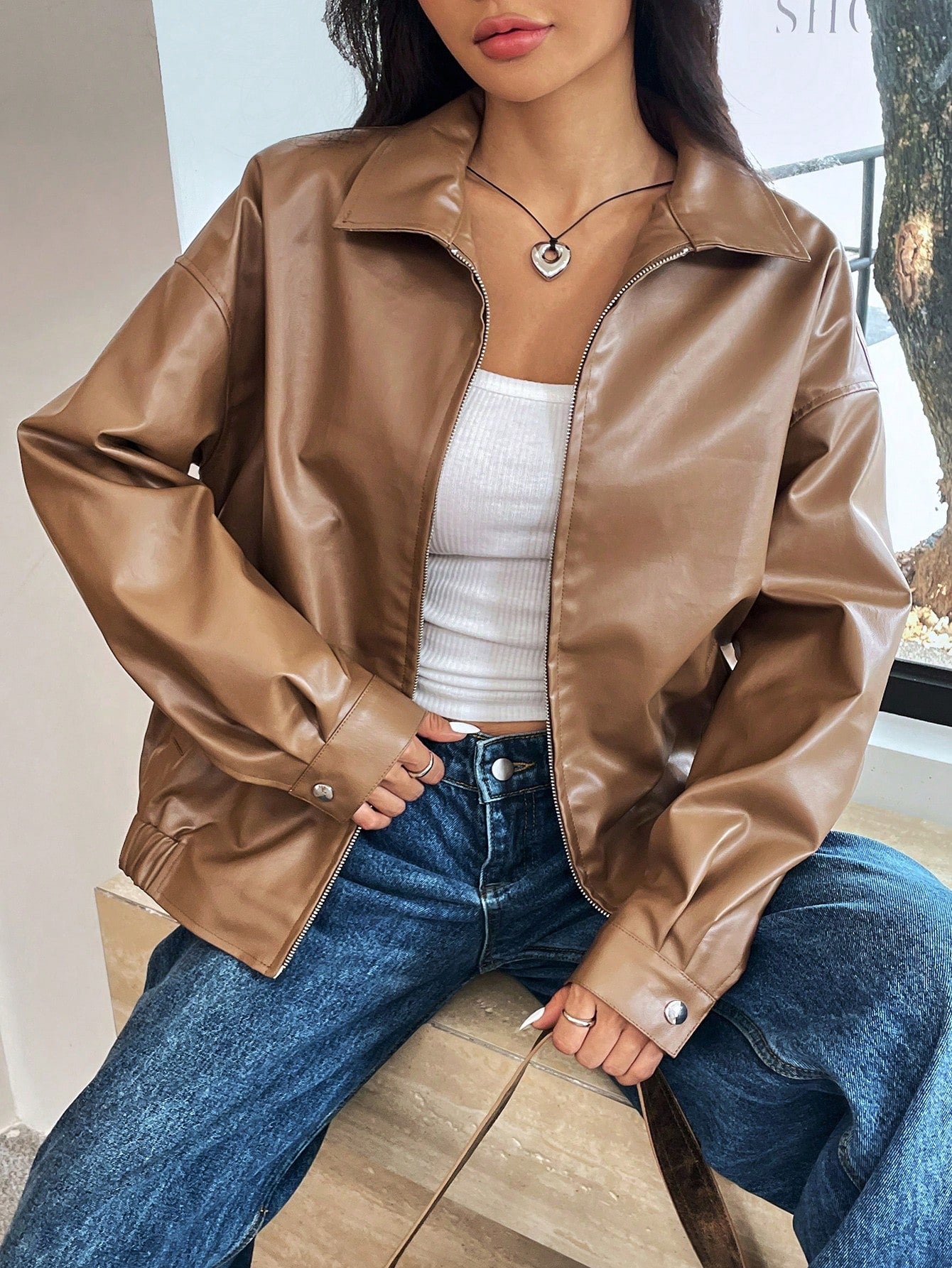 NEW EZwear Drop Shoulder Zip Up PU Cropped Leather Jacket