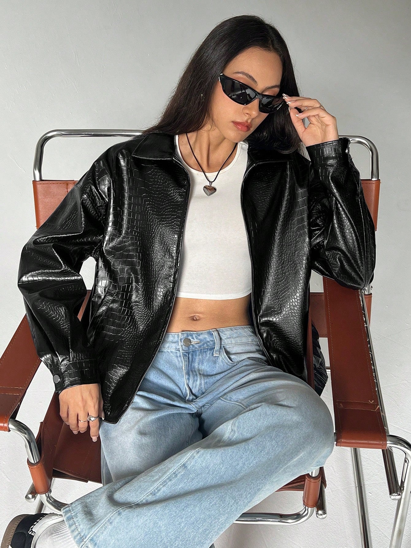 NEW EZwear Drop Shoulder Zip Up PU Cropped Leather Jacket