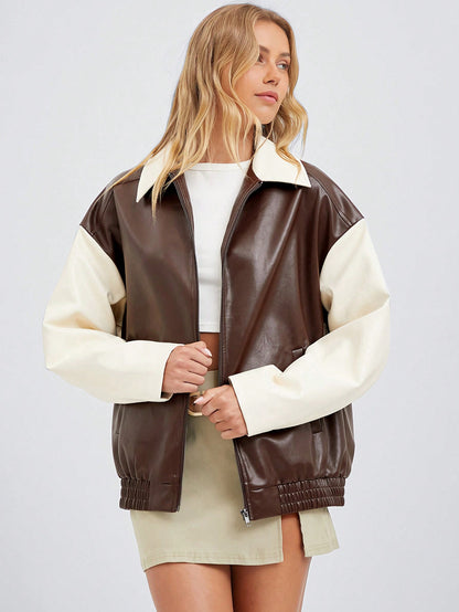 NEW EZwear Drop Shoulder Zip Up PU Cropped Leather Jacket