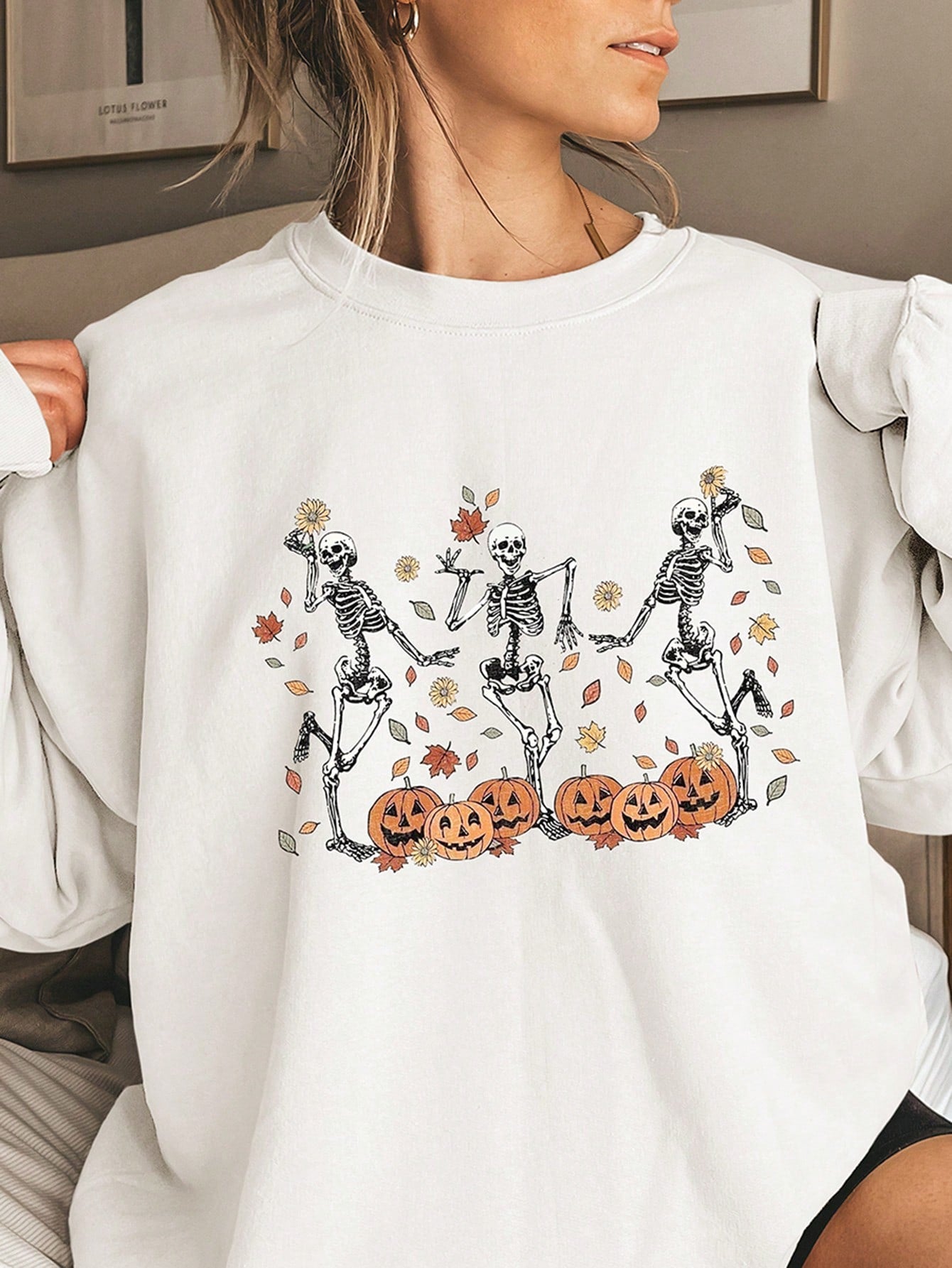 NEW EZwear Women's Spring And Autumn Pumpkin Skull Print Round Neck Drop Shoulder Long Sleeve Casual Loose Sweatshirt