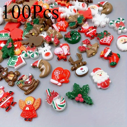 100pcs Vibrant Christmas Decoration DIY Flatback Resin Jingle Bell Sock Craft Embellishment Sets Christmas Resin Ornaments Assortment - Miniature Santa, Snowman, Tree, Bell Decorations for Craft Making, Ornament Scrapbooking, DIY Projects - Perfect for Ho