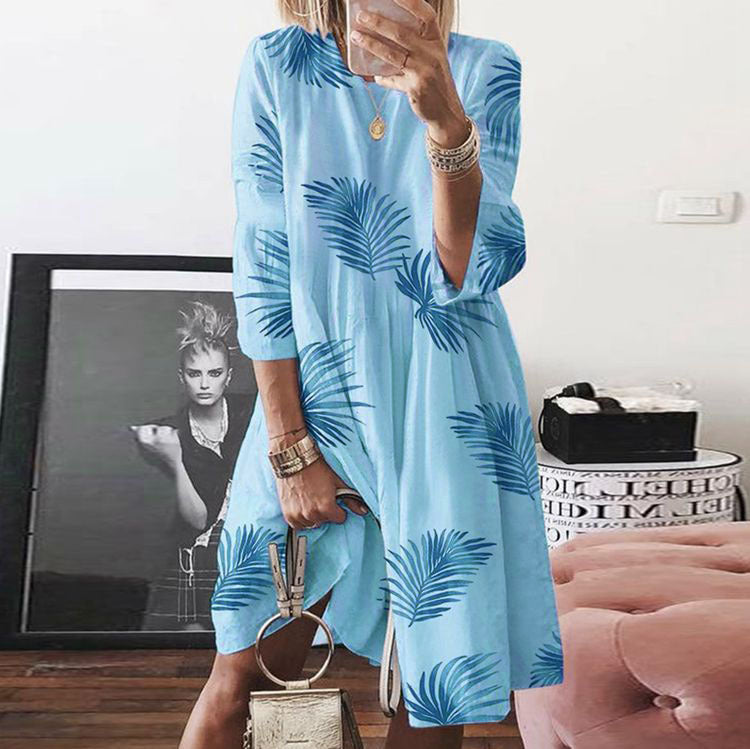 2025 New spring and summer new 2025 women's clothing retro printing crew neck dress digital printing multi-color skirt