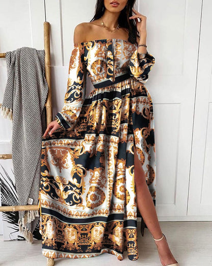 2025 New summer evening dress 2025 printed dress one-word shoulder pullover retro long-sleeved pendulum split long dress