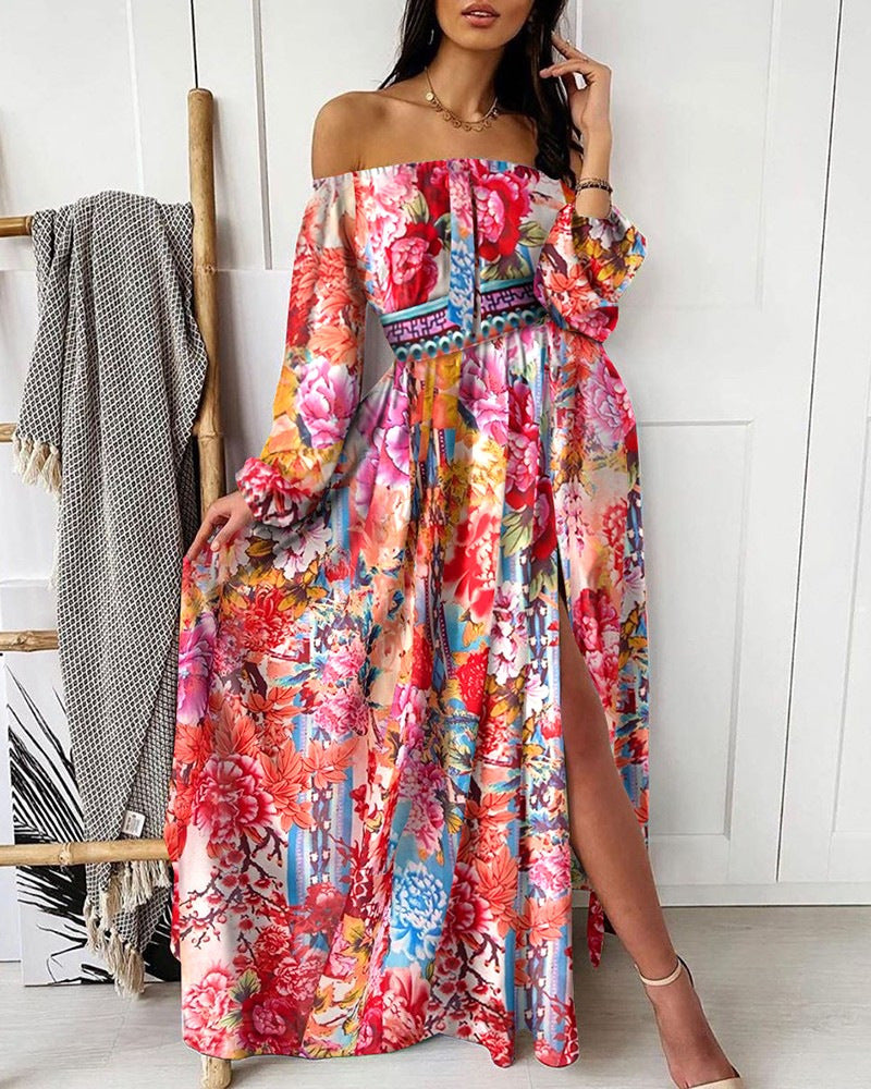 2025 New summer evening dress 2025 printed dress one-word shoulder pullover retro long-sleeved pendulum split long dress