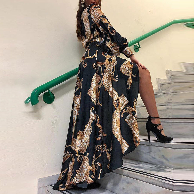 2025 new New 2025  women's clothing retro court style printing long-sleeved dress mopping shirt skirt