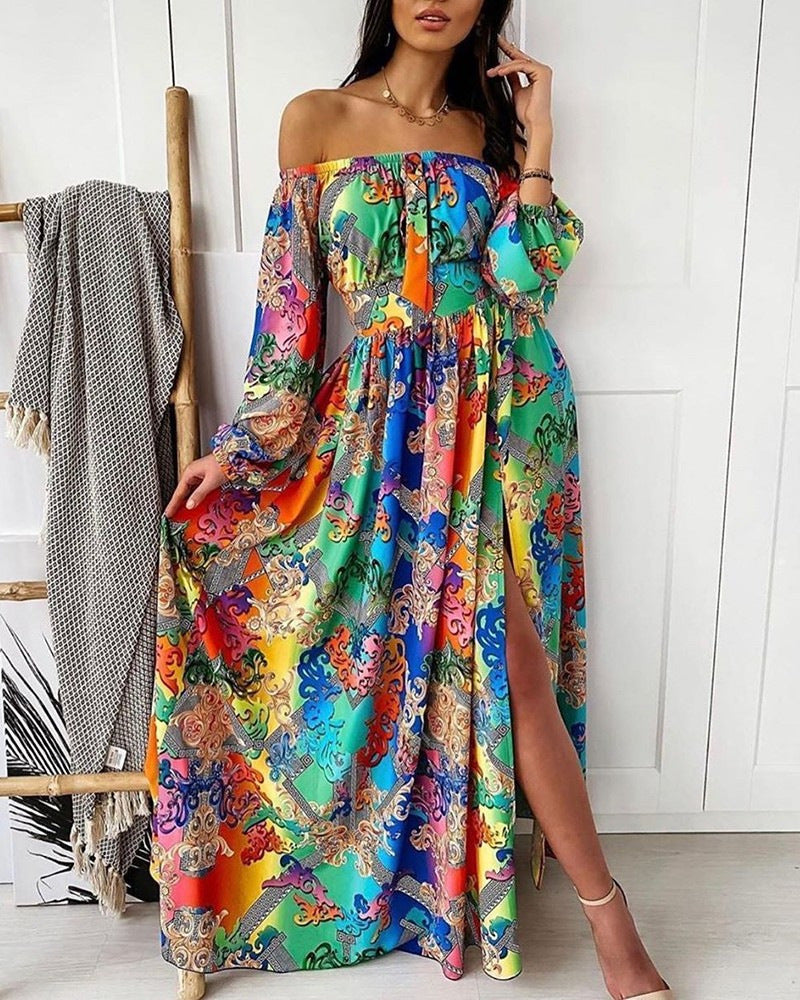 2025 New summer evening dress 2025 printed dress one-word shoulder pullover retro long-sleeved pendulum split long dress