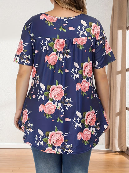 Plus Size Womens Floral Print Polo Collar Short Sleeve Casual Blouse - Button Front, Non-Stretch Polyester, Round Neck, Random Print, Summer Top - Easy Wear, Relaxed Fit, Classic Style