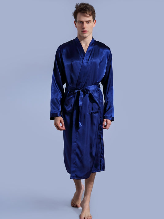 Mens Premium V-neck Belted Bathrobe - Soft & Breathable Loungewear - Quick Drying, Ultra-Comfortable, Adjustable - Perfect for Indoor Relaxation in Plain Colors