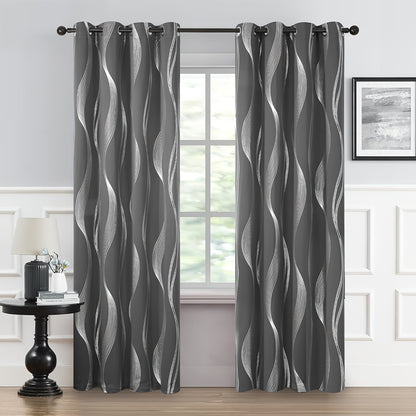 2PCS Luxurious Blackout Curtains with Grommet Top - Thermal Insulated, Noise Reducing, High Precision Bronzing Striped Wave Pattern for All-Season Room Darkening - Polyester Drapes for Bedroom and Living Room with Easy Installation