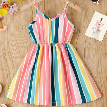 Chic Summer Striped V-Neck Cami Dress for Girls: Easy-Care, Breathable & Durable – Ideal for Party & Beach Fun