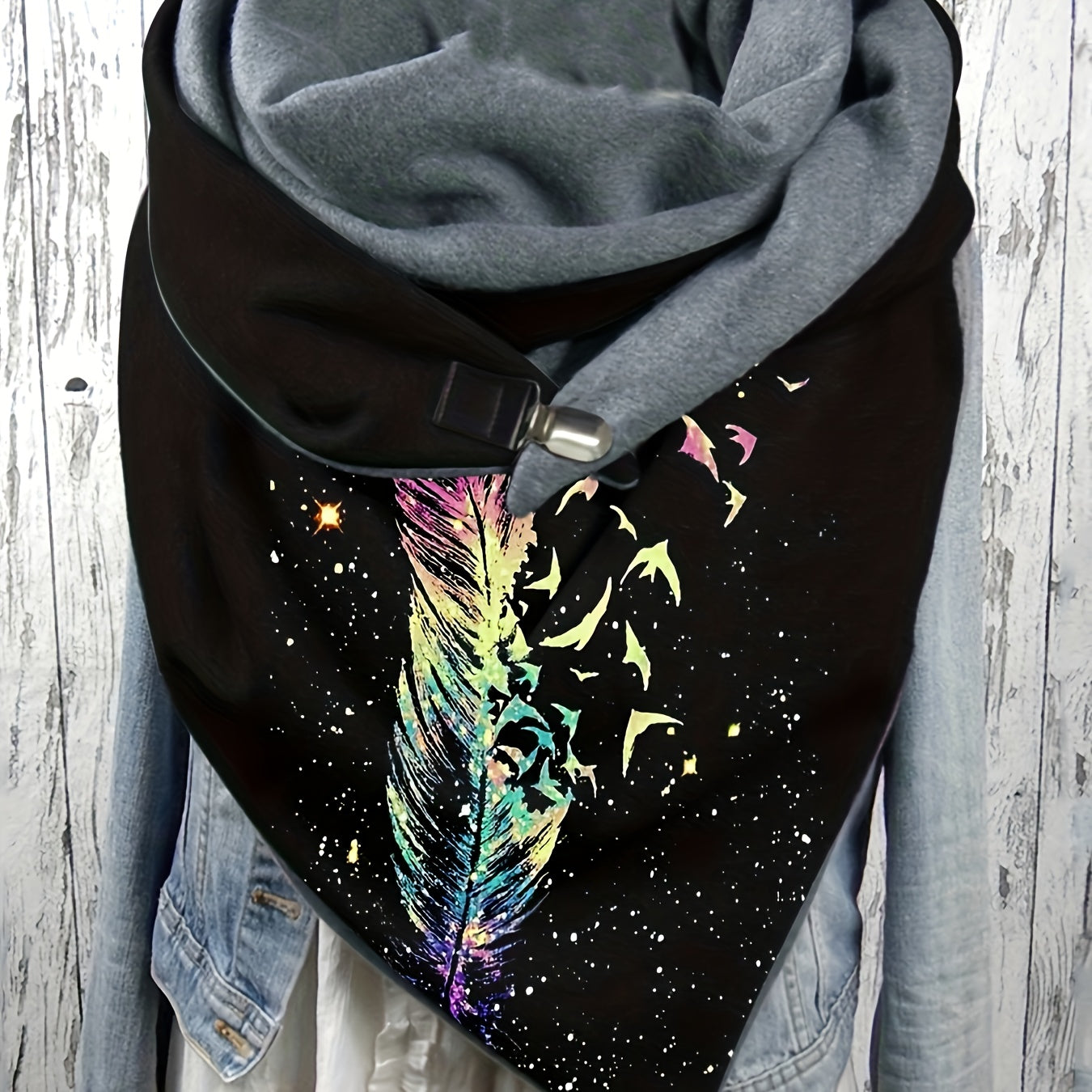 Personality Feather Pattern Triangle Scarf Thick Fleece Lined Soft Warm Buckle Shawl Autumn Winter Coldproof Elastic Wrapped Neck Scarf