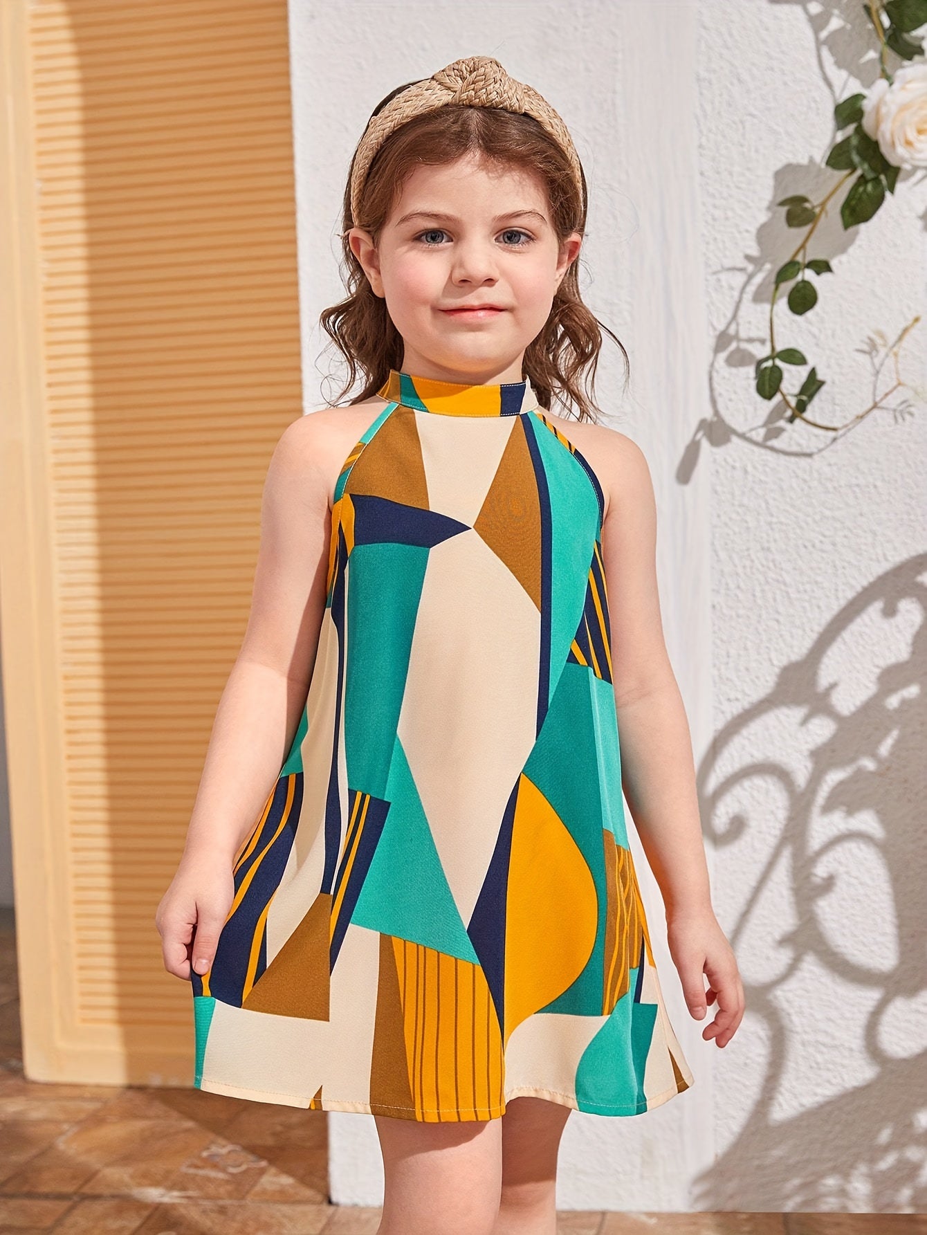 Knee-Length Geometric Pattern Boho Chic Dress for Young Girls - Sleeveless, Halter Neck, Non-Stretch Polyester, Machine Washable, Perfect for Summer - Conventional Fit, Vibrant Colors, Woven Fabric, Easy Care