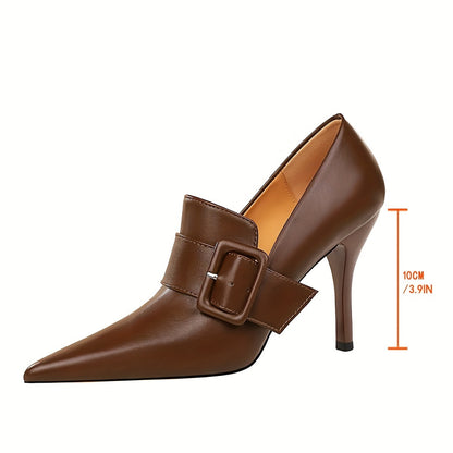 Chic Womens Solid Color High Heel Dress Shoes - Shallow Mouth Slip-On with Buckle Belt, Pointed Toe - Perfect for Parties & Showstopping Style