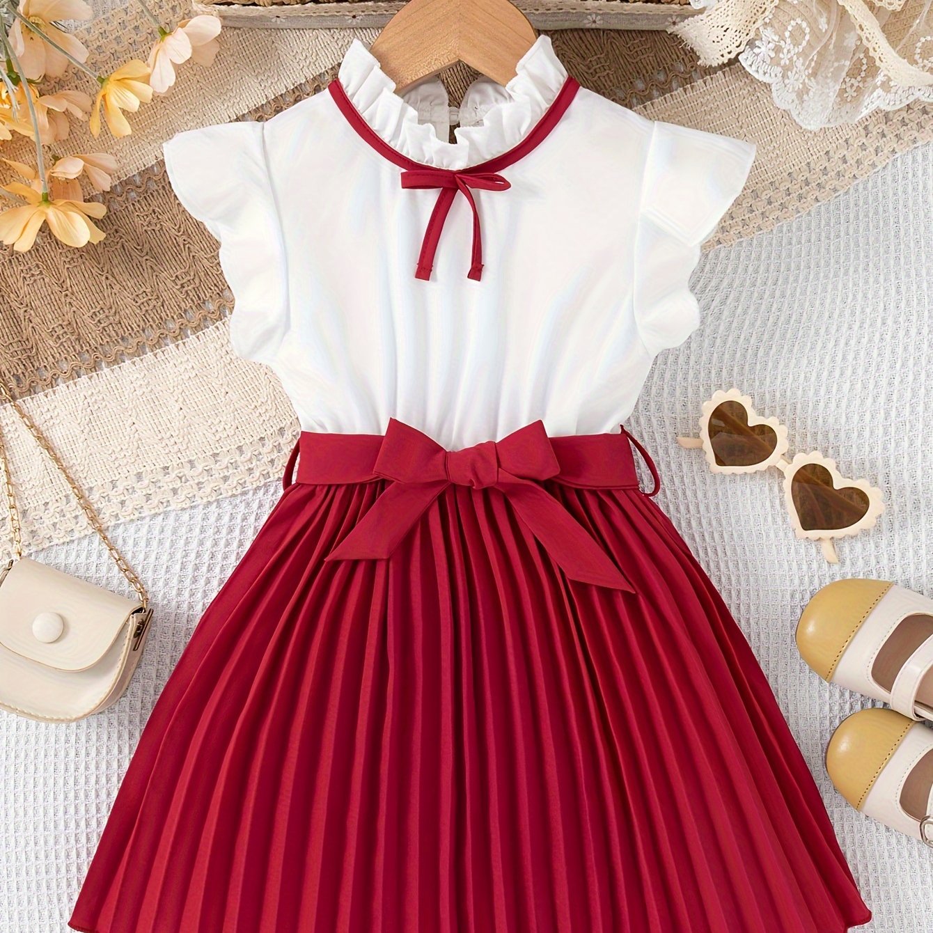 Fashionable Girls Bow Strapped Dress with Ruffle Trim - Adorable Splicing Design for Comfortable Summer Holidays & Parties - A Perfect Gift Idea