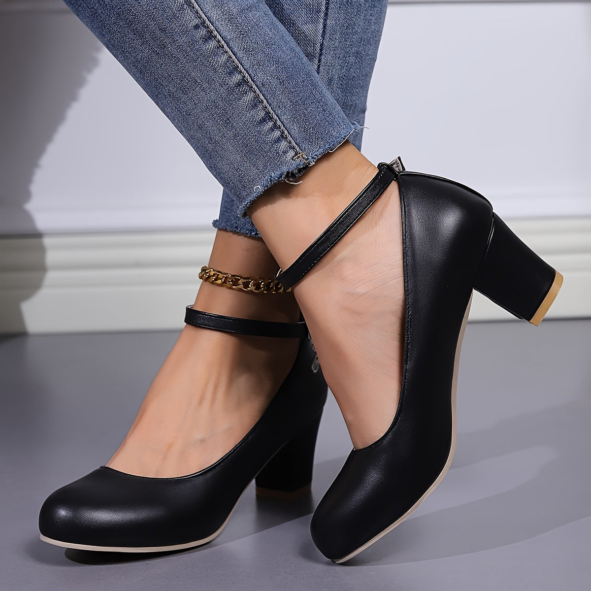 Chic Womens Chunky Heel Ankle Strap Shoes - Comfortable Mid Heels, Premium Faux Leather, Non-Slip Pumps for Everyday Style