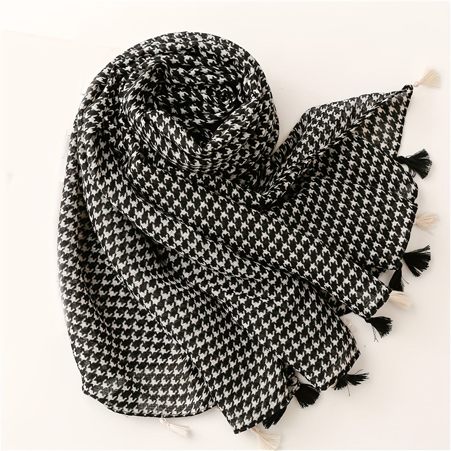 Black White Houndstooth Scarf Thin Breathable Tassel Shawl Casual Windproof Travel Scarf For Women