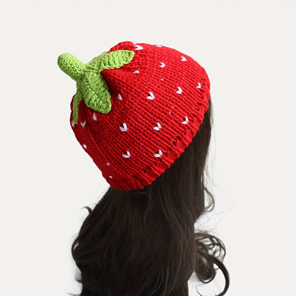 Adorable Red Strawberry Cartoon Beanie - Soft Knit Elastic Skull Cap for Warmth, Daily Wear, Autumn & Winter Use, Fashionable Women's Accessories