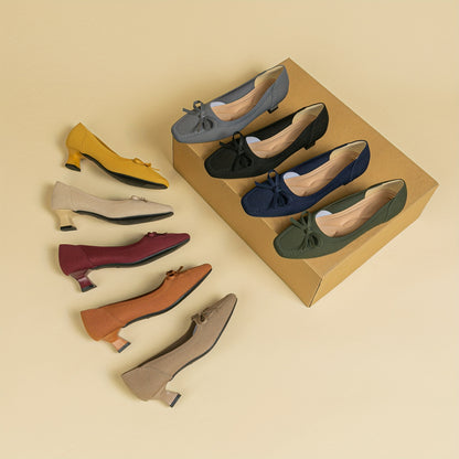 Chic Women's Bowknot Block Heels - Comfort Mid Heel, Square Toe, All-Season Elegance & Versatility