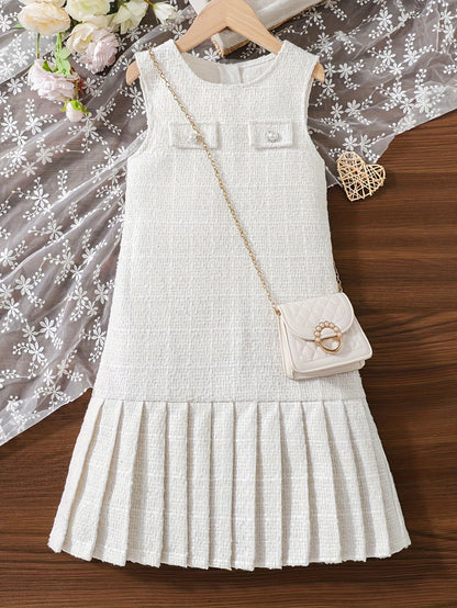 Elegant Girl's Straight Pleated Dress, Spring & Summer Vacation Party Casual A-line Dresses, Gift