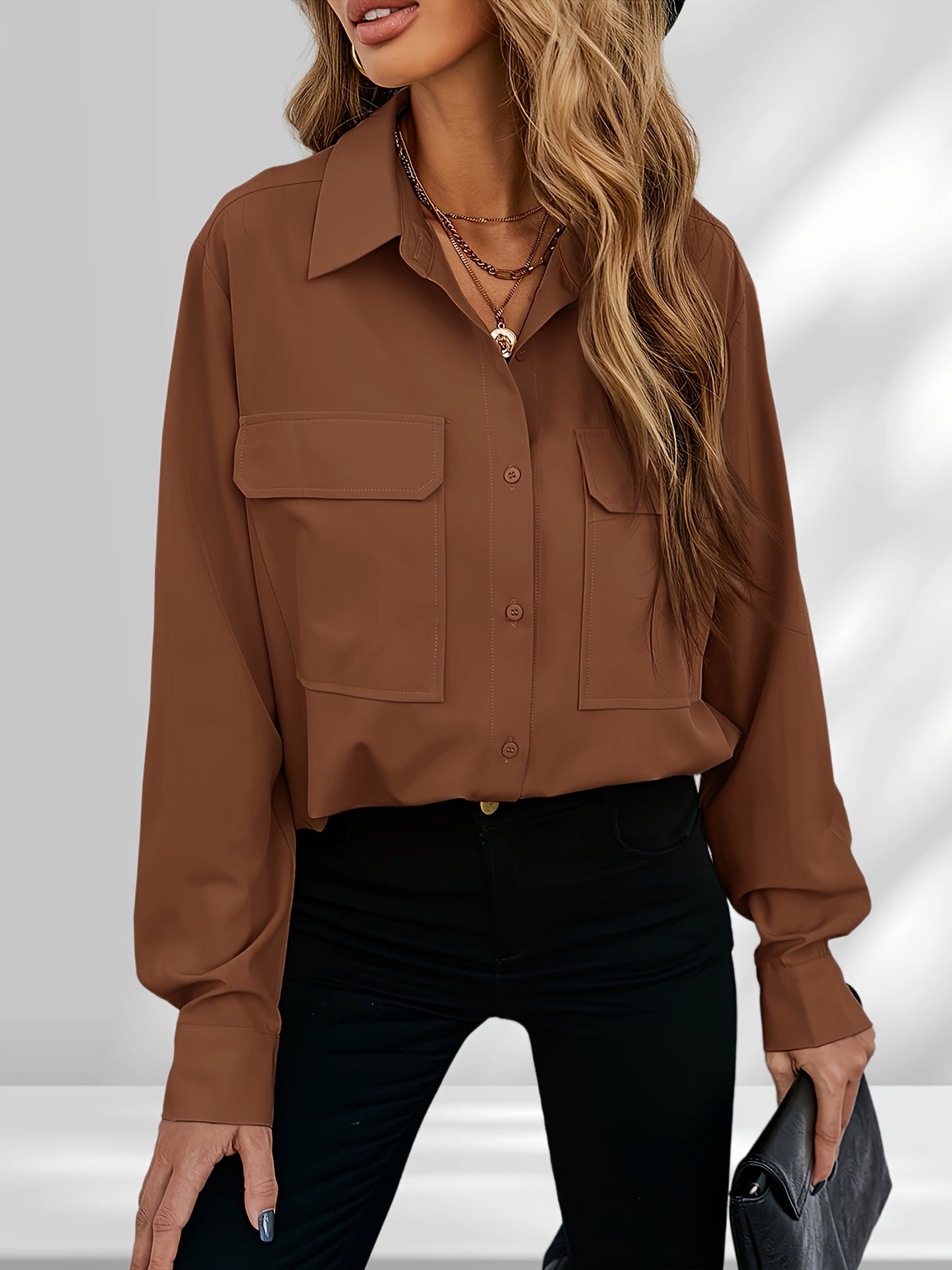 Plus Size Casual Blouse, Women's Plus Solid Button Up Long Sleeve Turn Down Collar Blouse With Pockets