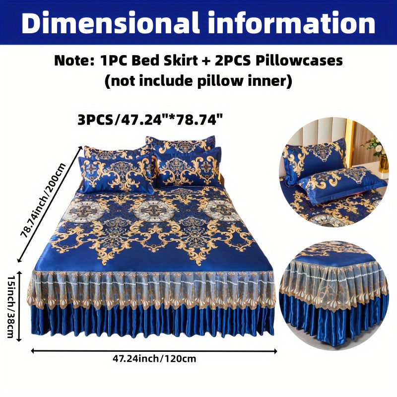 2PCS/3PCS New Full Lace Hem Bed Skirt, Jacquard Ice Silk Mat, Softness and Comfort, Folding, Machine Wash, Mattress Cover, Bedding Set, Bedroom Guest Room Bedding, Single, Double, Multiple Sizes(1PC Bed Skirt + 1PC/2PCS Pillowcases, Without Core)