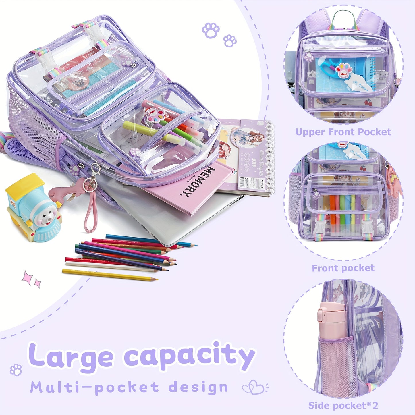 Clear Backpack for Girls Cute Transparent Heavy Duty Kid School Book Bags with Reinforced Padded Straps and Complimentary Gift (purple)