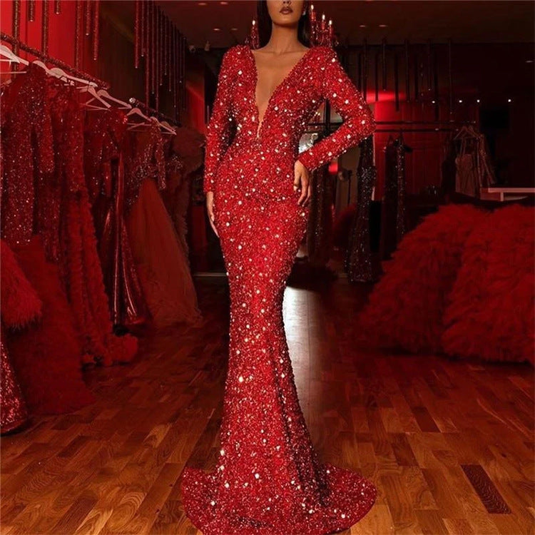 2025 New spring new 2025 women's hip-wrapped dress, red sequined long-sleeved v-neck dress with fish tail edge