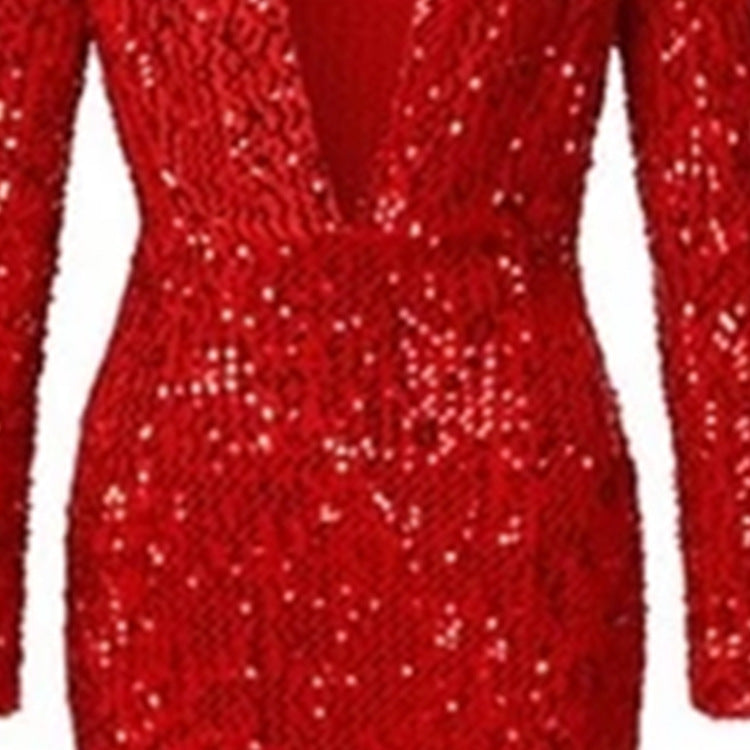 2025 New spring new 2025 women's hip-wrapped dress, red sequined long-sleeved v-neck dress with fish tail edge