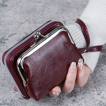 Mini Retro Clutch Coin Purse, Solid Color Kiss-Lock An D Zipper Layer Wallet, Faux Leather Purse