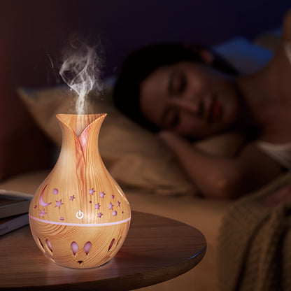 1pc, 130ml Stylish Wood Grain USB Air Humidifier with Star Colorful Night Light - Compact, Whisper-Quiet, Fragrance Diffuser, Humectant, and Air Purifier for Home, Office, Bedroom, Travel - Portable, Easy to Clean, and Energy Efficient