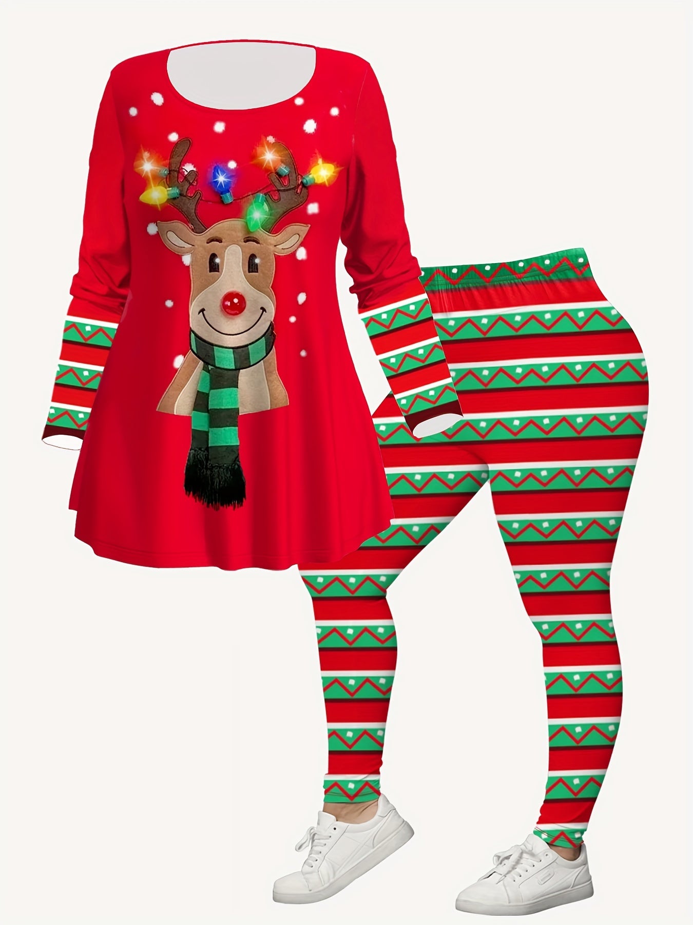 Women's Plus Size Christmas Outfit - Reindeer & Snowflake Print Long Sleeve Tee and Striped Leggings Set, Casual Polyester Knitwear