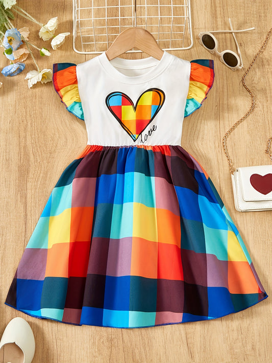 Adorable Girls Heart Print Ruffle Dress with Plaid Splicing - Perfect for Summer Outdoor Parties and Precious Gift Ideas