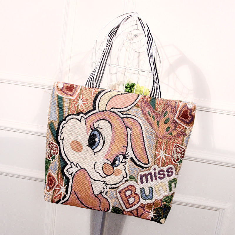 Factory Direct Sales  New Cartoon Mouse Knitted Portable Shoulder Bag Large Capacity Shopping Bag Canvas Bag for Women