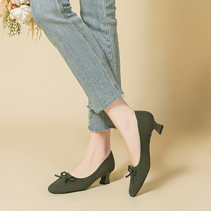 Chic Women's Bowknot Block Heels - Comfort Mid Heel, Square Toe, All-Season Elegance & Versatility